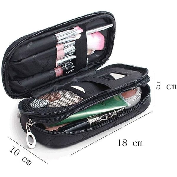 Portable Lingge makeup bag (excluding cosmetics), fixed brush, professional multi-functional double-layer women's cosmetics organizer, black