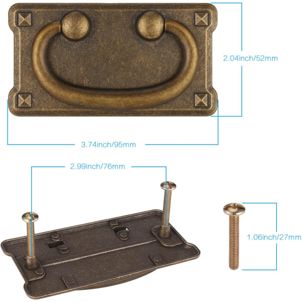 Vintage skuffhåndtak, 6 stk. antikke kaffebronse skuffhåndtak, sinklegering vintage rektangulære håndtak, dråperinghåndtak, egnet for