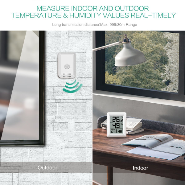 Digitalt termometer hygrometer, innendørs/utendørs fuktighetsmåler, temperaturmonitor med trådløs sensor, 328ft/100m rekkevidde, °C/°F valgbar, 60s Aut