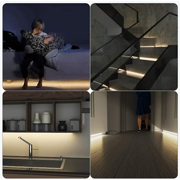LED-stripe med bevegelsessensor, 2m batteridrevet LED-stripe med IR-fjernkontroll, 3500K, varm hvit, for belysning av soverom, garderober og trappeoppgang