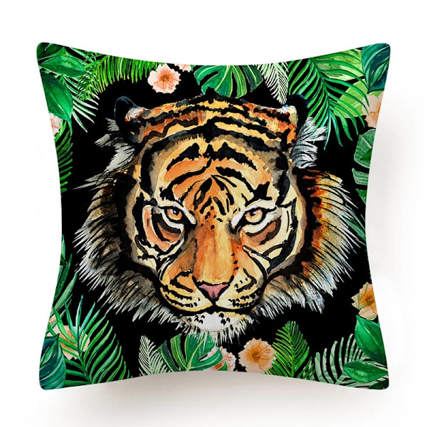 Putetrekk Jungel Tropiske Blad Sett med 4 Dekorative Putetrekk Ville Dyr Tiger E Leopard Grønne Blader 45x45 cm Dekorasjon Putevar
