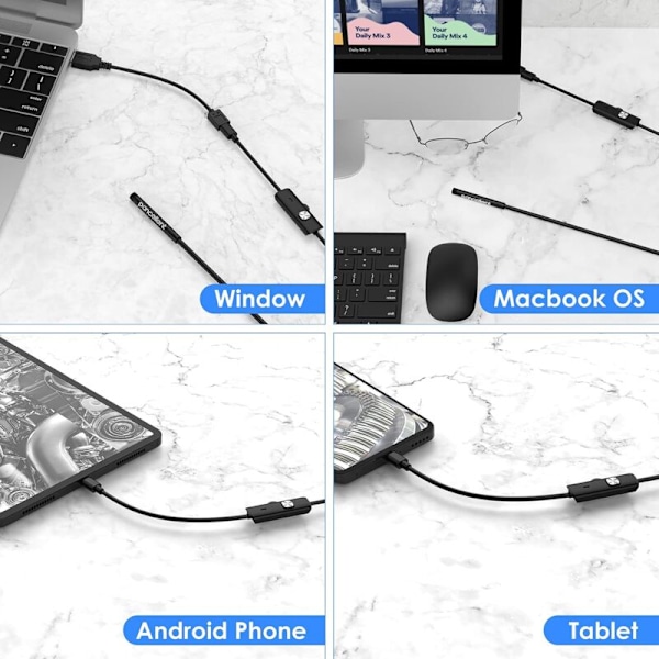 Endoskop Kamera USB 720p Endoskopisk Kamera, 5.5mm IP67 vandtæt probe inspektionskameraer semi-rigid kabel på 5m med 6 LED'er, type-C Kompatibel med