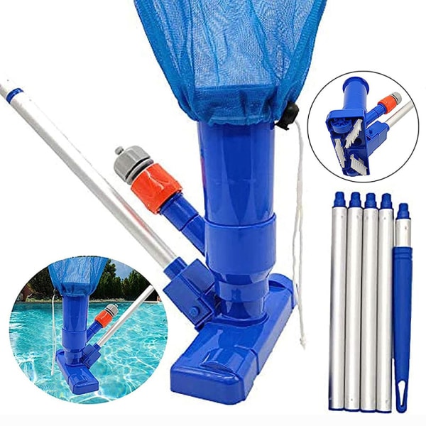 Bärbar pool dammsugare kit, Mini pool dammsugare pool rengöringstillbehör med 5-sektions stång 2 nätpåsar
