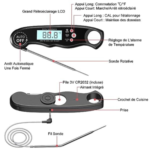 (Musta) Keittiötermometri, Pikaluettava Ruokatermometri 40\" Taivutettavalla Anturilla, Taustavalaistus ja Magneetilla, Digitaalinen Termometri Ruuan, Lihan, G