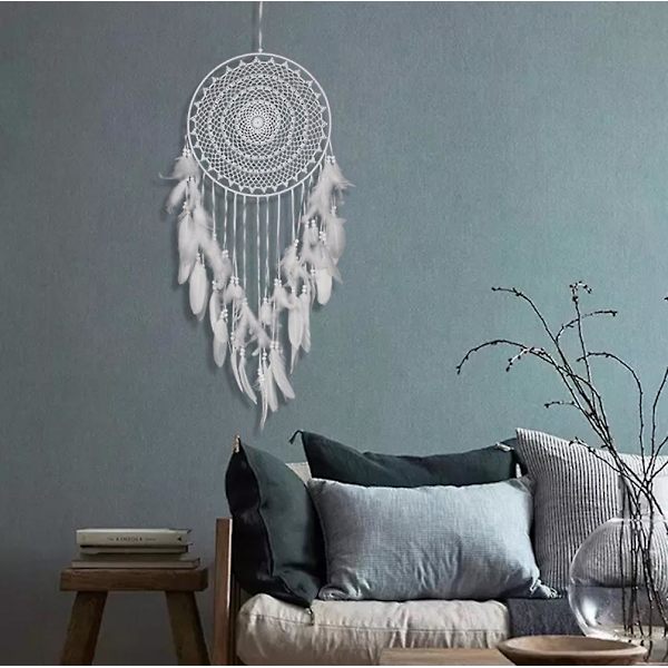 Stor Boho-stil Drömfångare Med Vita Fjädrar, Macrame Väggdekoration Handgjord