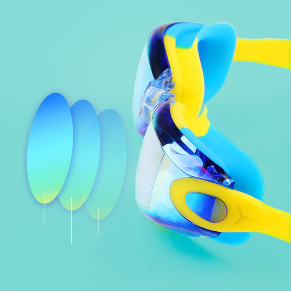 4-delad set (blå gul) simglasögon, spegel anti-fog anti-UV simglasögon, gratis silikonskydd + näsklämma + öronproppar