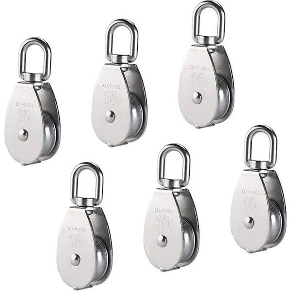 M15 304 ruostumaton teräs yksipyöräinen, 15 mm yksipyöräinen lohkorulla, nosturin kääntyvä koukku sileä vaijerikaapeli Kuormitus 77lbs/35Kg (6 kpl)