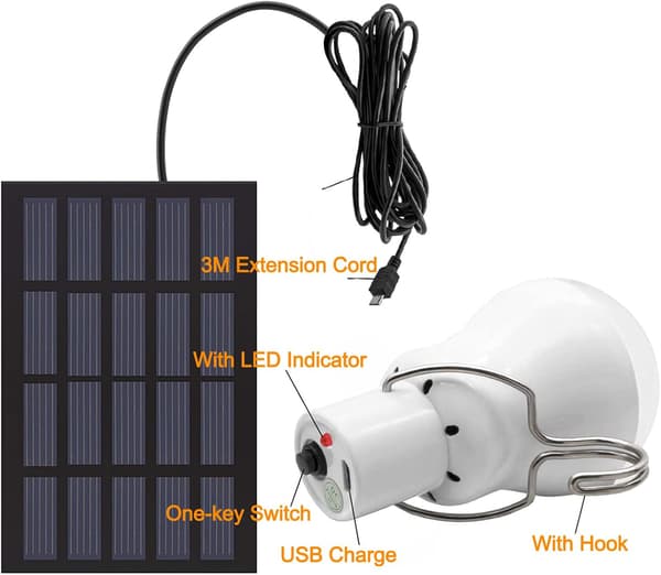 LED solcellelyspære, 2-delt camping solcellelyssæt med 3W solpanel, egnet til udendørs, vandreture, camping og fisketure.