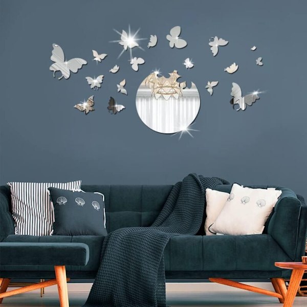 18 st 3D Spegel Väggdekaler Dekorativa Speglar Akryl Självhäftande Mural Avtagbar DIY Dekoration För Hus Rumsinredning - Silverfjäril