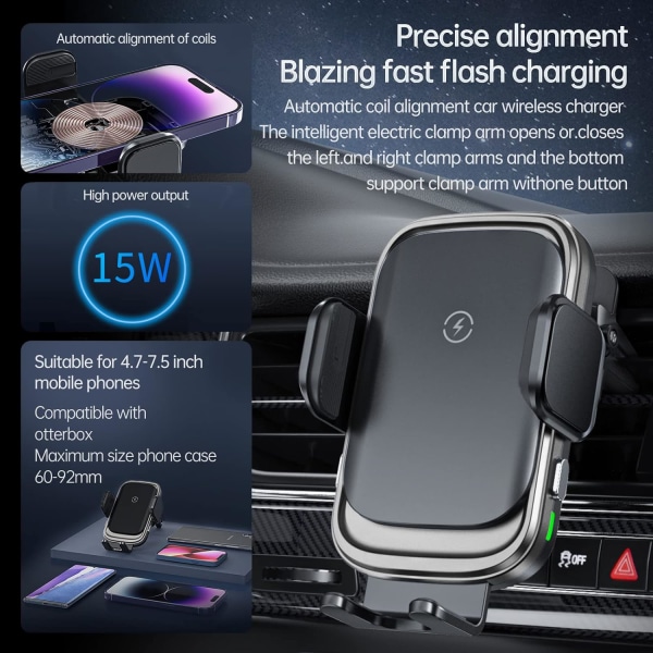 Trådløs billader, 15W automatisk klemmende billader, luftventil bil ladestasjon for iPhone 14/14 Pro/13/13 Pro /12/12 Pro/ 11/11 Pro/Xr/X