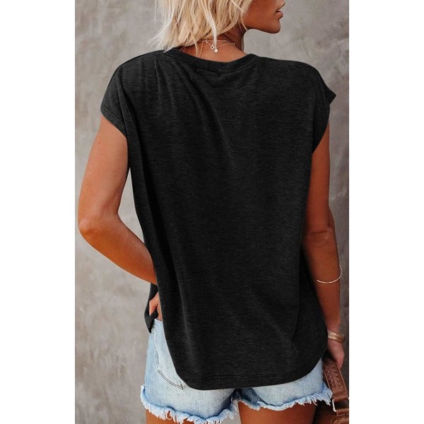 Kvinders Casual Cap Sleeve T-shirts Basic Sommer Toppe Løs Ensfarvet Bluse med Lomme(L)