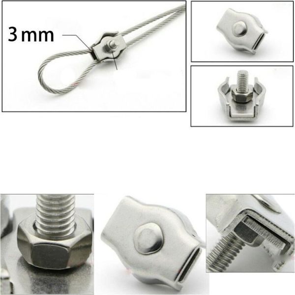 8 stk Duplex Wire Rope Clamps M3 Duplex Wire Clamps Kabelklemme Stål Kabelklemme for Metallklesklyper Henge Solseil Faste Terrasse