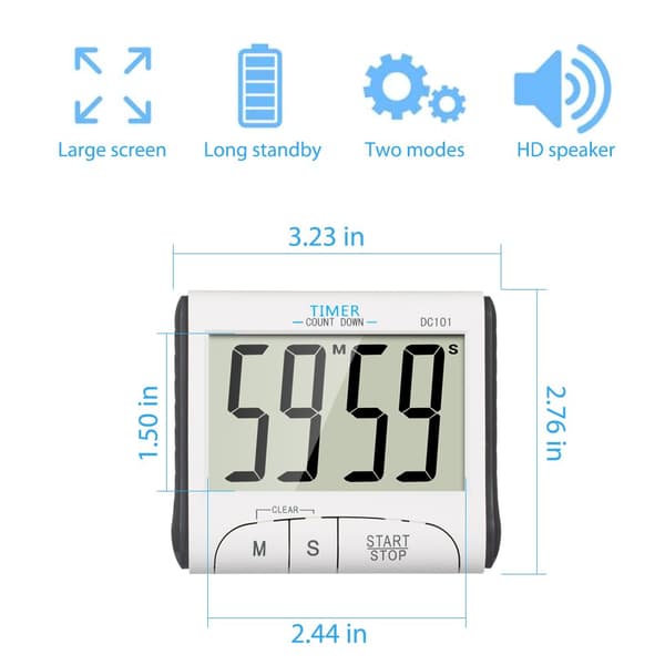 Køkken Timer, 24H Digital Magnetisk Elektronisk Køkken Timer Digital Timer med Lydalarm LCD Display Nedtællingstimer Magnetisk Holder - Hvid