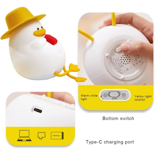 Søt Duck Night Light, USB oppladbart barnehagelys, flerfarget