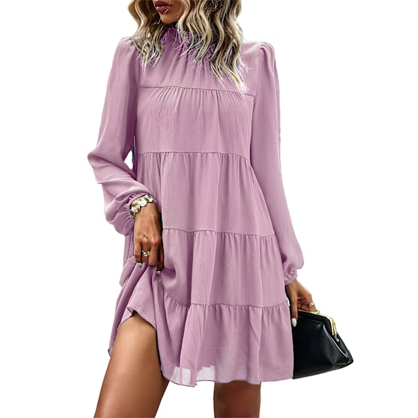 2023 Kvinners Vår Sommer Lang Ermet Ruffle Maxi Kjole, Mock Neck Lagdelt Mini Babydoll Casual Swing Tunika Shift Kjole