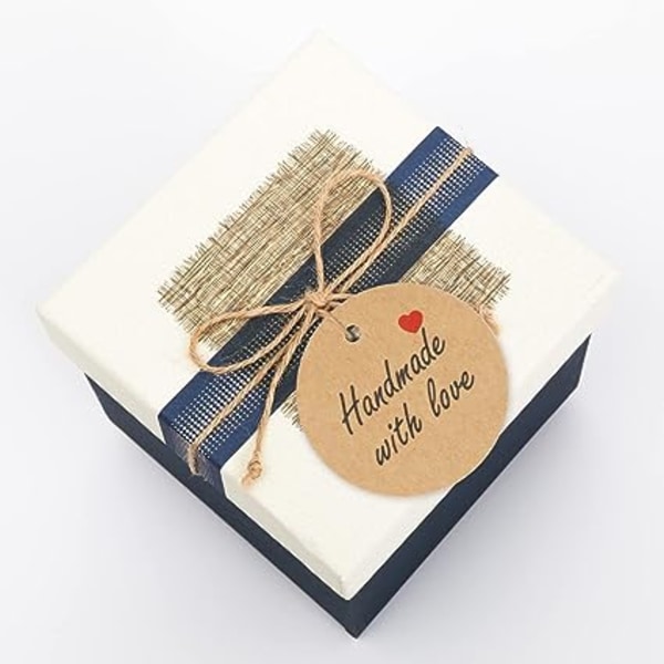 100 stk Kraft papir gavemærker, 3 cm "Hand Made with Love" rund pap