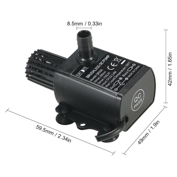 Mini Vandpumpe, USB DC5V 4.8W 300L/H Løftehøjde 300cm Ultra Støjsvag, Børsteløs Akvariepumpe, Undervandspumpe, Vandtæt IP68, til Akvarium/Fountain/