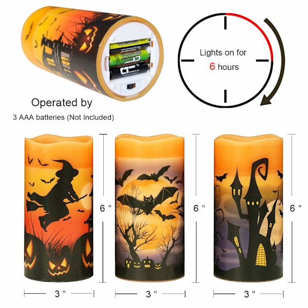 Halloween Flamlösa Flimrande LED-Ljus med 6 Timmars Timer, Batteridrivna Vaxljus Assorterade Dekaler Häxa, Fladdermus, Slott 3-Delars Set för Dekora