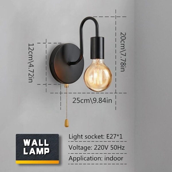 E27 vägglampa med strömbrytare, retro vägglampa med standard E27-sockel anpassad för vardagsrum, sovrum, industriell dekoration (glödlampa ingår ej)