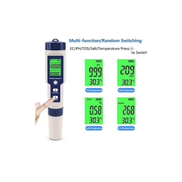 Vandkvalitetstester, bærbar 5 i 1 funktion kvalitetstest af digital vand pH/saltholdighed/temp/tds/ec meter til have hjemmelaboratorium