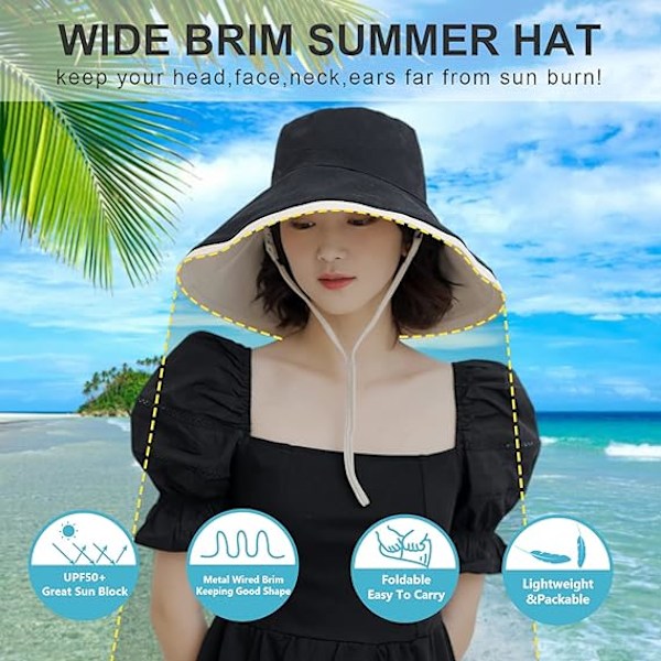 Extra bred solhatt för kvinnor - bomull, vikbar, vändbar hatt med bred brätte - UV-skydd - sommarstrand, resor, trädgård