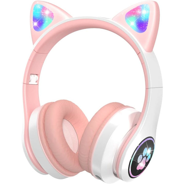 Bluetooth-lasten kuulokkeet HD-mikrofonilla/LED-valoilla (vaaleanpunainen), 85 dB:n äänenvoimakkuudella rajoitetut lasten kuulokkeet, stereokuulokkeet älypuhelimille, iPa