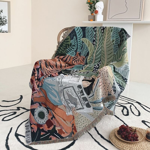 1 stk. 160x130cm plaid tiger og strikket kvinde cover dekoreret med komfortable simple boheme frynser beskytter mod kulde til sofa sofa med hvile