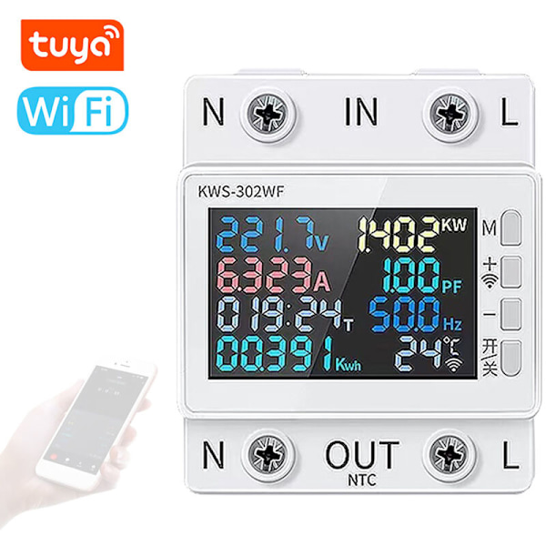Tuya WiFi 8 i 1 effektmätare Färgskärm 2p Multifunktionell energimätare mobiltelefon fjärrkontroll App 170-270v/63a spänning och ström