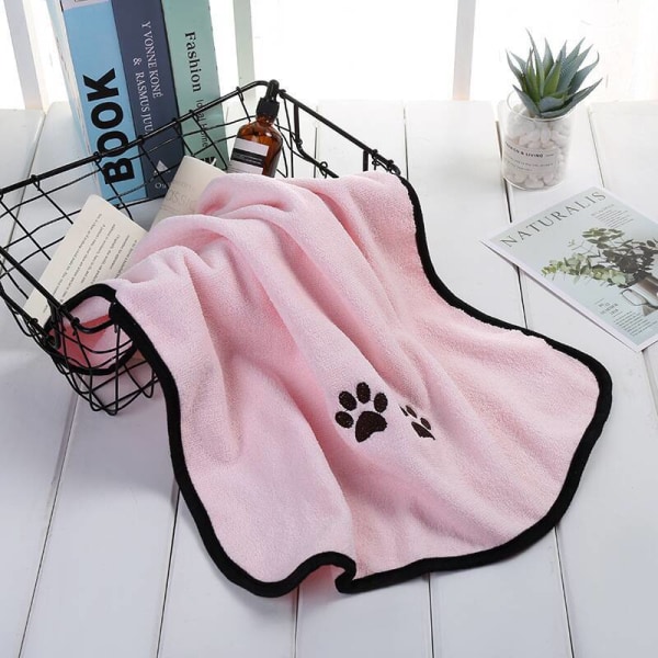 Hundehåndklædetørring Hundemikrofiberhundehåndklæde Blødt absorberende kæledyrsbadehåndklæde Hundetørrende plejehåndklæde med broderede poter (lyserød)