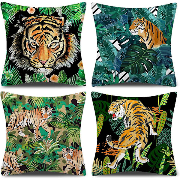 Putetrekk Jungel Tropiske Blad Sett med 4 Dekorative Putetrekk Ville Dyr Tiger E Leopard Grønne Blader 45x45 cm Dekorasjon Putevar