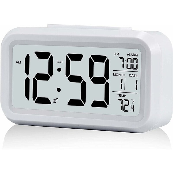 Digital Väckarklocka, Digital Klocka Batteridriven Tyst Väckarklocka för Barn Vuxna Stor LED-Display Temperatur Kalender (Vit)