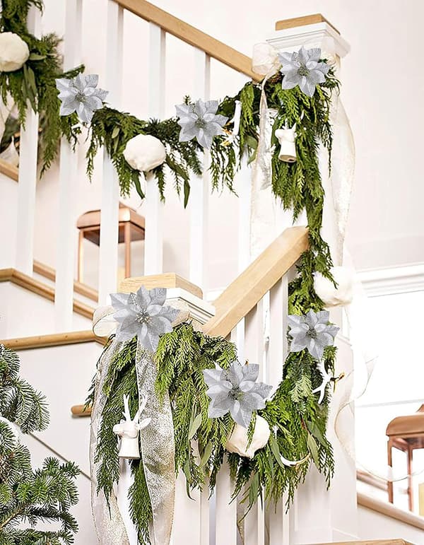 10 stk Glitrende kunstige julestjerner Kunstige bryllupsblomsterdekorasjoner Julepynt med sølvklips