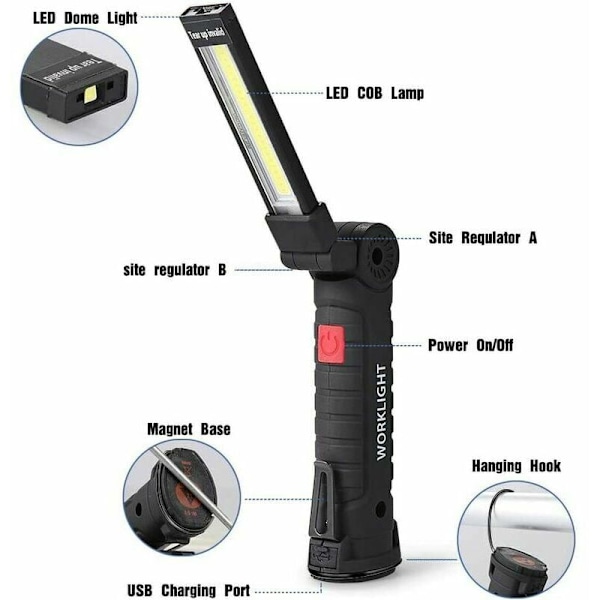 LED arbejdslampe LED LED WORK LED LED LED LAD LED Genopladelig LED Inspektionslampe Magnetisk Base 5 Tilstande Til Garage, Camping, Lille, 2 værelser, 2 værelser
