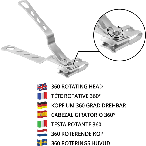 Professionel rustfri negleklipper med etui - 9,9 cm fod- og håndnegleklipper - 360 graders drejehoved - stærk til tykke negle -