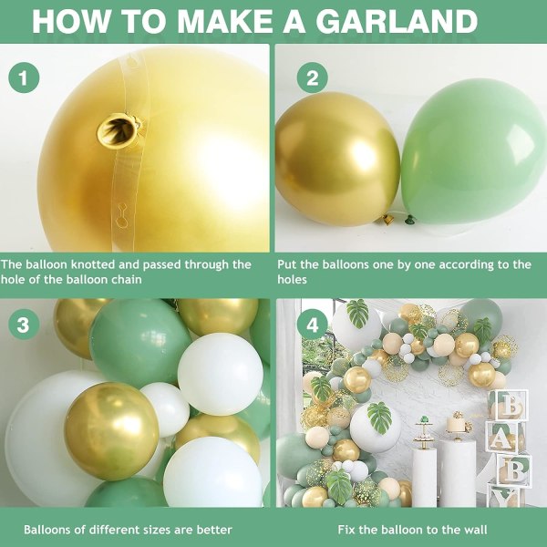 Olivengrøn fødselsdagsbue, salviegrøn ballonbue, hvidt guldkonfetti, retrogrøn ballon til drengens fødselsdagsfest, babyshower, jungle