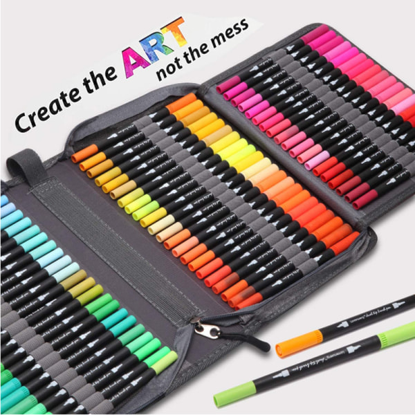 60 farger med dobbel tupp-pennkunstmarkører, fargebørster for barn og finspissmarkører Målebok for voksne Kalligrafi Maling Skissering
