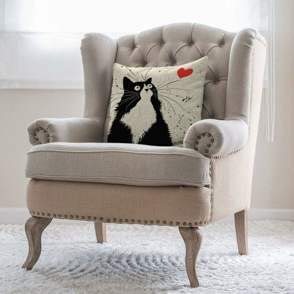 Erä 4 kpl 45 x 45 cm puuvilla-pellava mustavalko painettu kissa chat neliö tyynynpäällinen kotiin autoon sänkyyn sohvalle