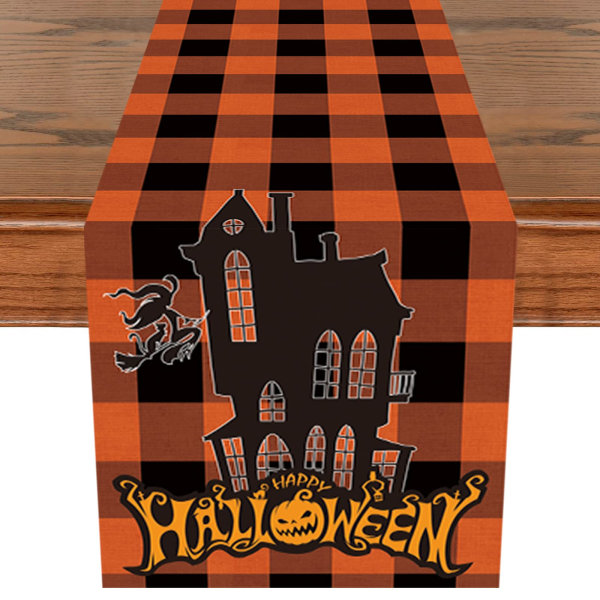 Halloween Bordslöpare, 13 x 72 tum Orange Svart Buffalo Plaid Castle Bordslöpare, Vintage Säsongsbunden höstlov Köksinredning Ruttig bordslinje