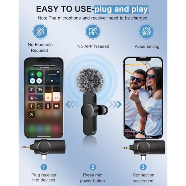 Kaksi langatonta mikrofonia iPhone/Android-puhelimeen/kameraan/kannettavaan tietokoneeseen, langaton lavalier-mikrofoni videotallennukseen YouTube TikTok Facebook, Plug-Pla