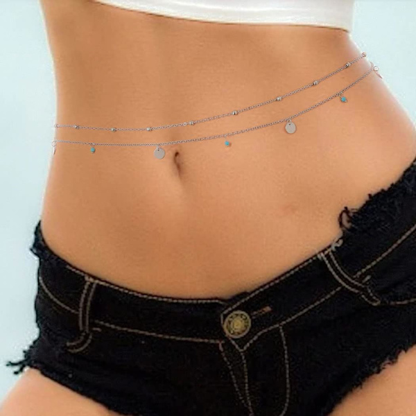 Sølv - 1 stk boho dusk kjede sølv turkis magekjede kaskade perle midjekjede bikini body smykke for kvinner og jenter.