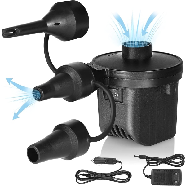 Elektrisk pumpe, luftpumpe inflator/deflator med 3 dyser, elektrisk pumpe for madrass, campingpute, vannseng, båt, svømmering