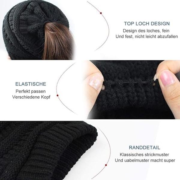 Hästhuvud Beaniemössa för kvinnor flickor, vinter varm mjuk stretch rörig bulle hästsvans stickad BeaniemössaTail Hat Skull Cap