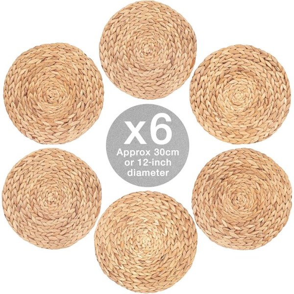 6 x Runda vattenhyacinttabletter 30 cm, kvalitetsbordstabletter i vävd rotting, tallriksunderlägg, isolerande och värmebeständiga bordstabletter