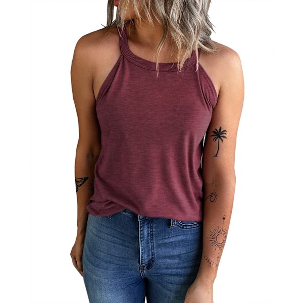 Kvinners sommer ermeløs halter topp t-skjorter crew neck trenings singlet casual plain cami skjorter（M）