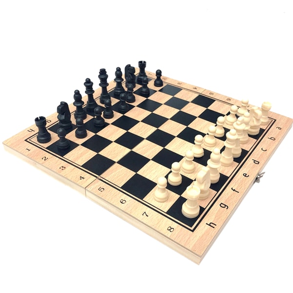 39*39CM skak-, dam- og møllespilsæt 3 i 1 sammenfoldelig europæisk-amerikansk skak-klistermærke i træ, multifunktionelt sort og hvidt skaksæt