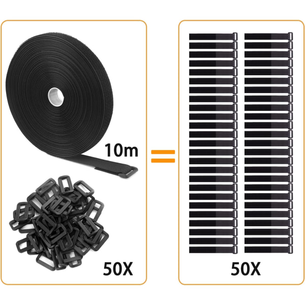 5m justerbare kabelstropper med 25 løkker, svarte gjenbrukbare kabelbånd, borrelåsstropp for kabelhåndtering (10m x 2cm, svart)