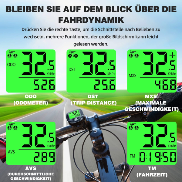 Trådløs cykelcomputer, IP54 vandtæt 19 funktioner med baggrundsbelyst display cykel speedometer, trådløs automatisk start/stop cykel speedometer