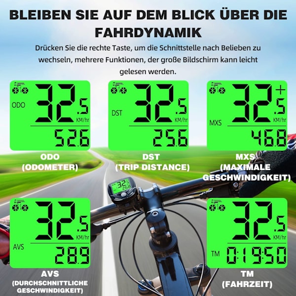 Trådlös cykelcomputer, IP54 vattentät 19 funktioner med bakgrundsbelyst display cykelhastighetsmätare, trådlös automatisk start/stopp cykelhastighetsmätare
