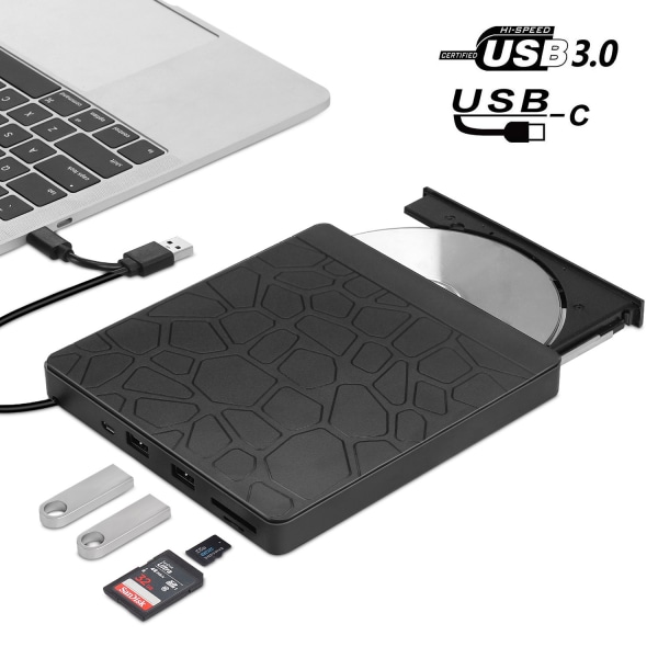 USB 3.0 USB 2.0/Type-c ekstern CD/DVD-stasjon, svart