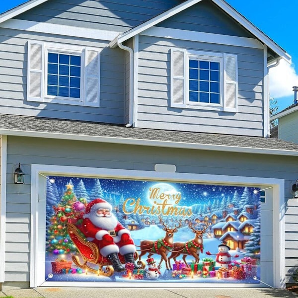 Jul Garagedörröverdrag (400180/240cm), Söta Jultomte Ren Garagedörrsdekorationer, Julaftons Garagedörröverdrag, God Jul Dörrbakgrund